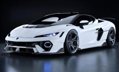 Sleek white sports car with aggressive design and black accents.