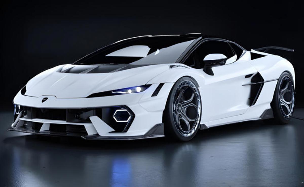 Sleek white sports car with aggressive design and black accents.