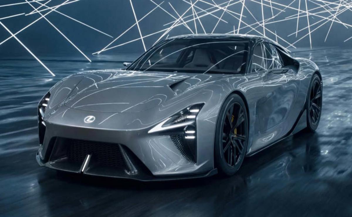 Sleek silver sports car in a futuristic setting with geometric lighting.