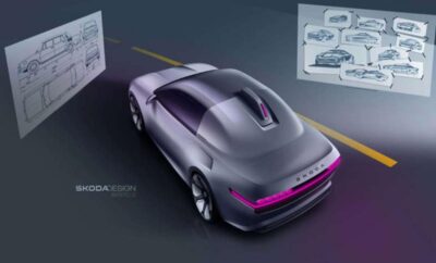 Futuristic sleek silver sports car with neon purple accents in a showroom.