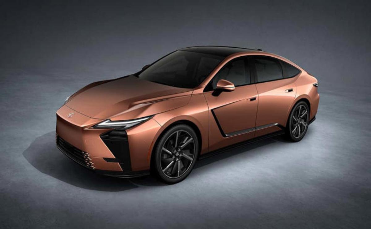 Sleek brown modern electric sedan with aerodynamic design.