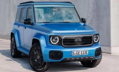 Blue Mercedes-Benz G-Class electric SUV parked outdoors.