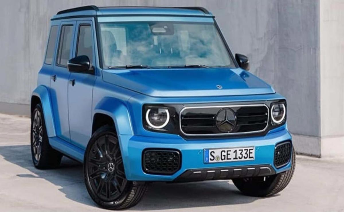 Blue Mercedes-Benz G-Class electric SUV parked outdoors.