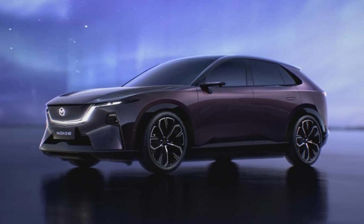 A sleek, futuristic electric car with smooth curves and dark tinted windows.