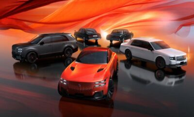 A lineup of five modern SUVs with a fiery background.