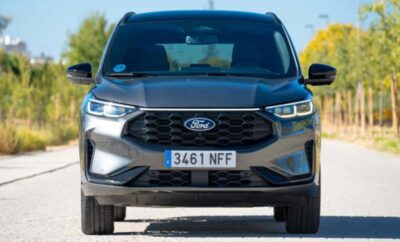 Front view of a black Ford SUV with a visible license plate.
