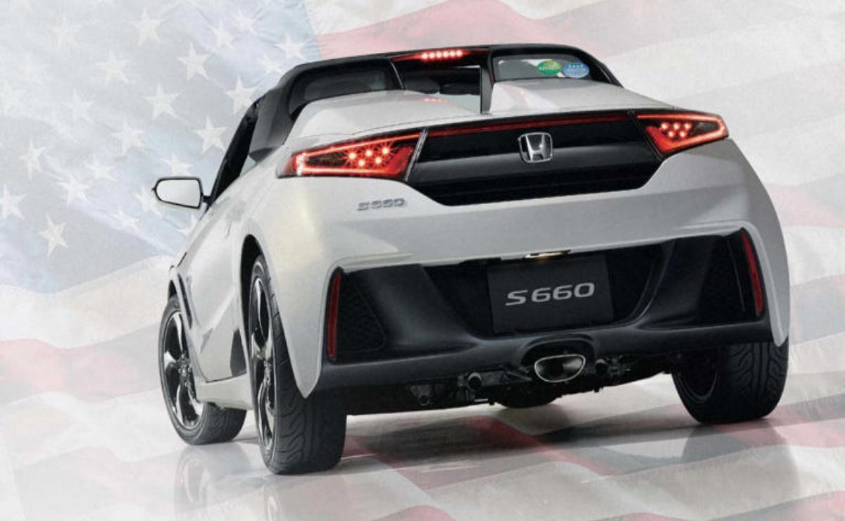 Rear view of a white Honda S660 sports car with sleek design.