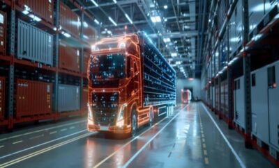 A futuristic electric truck charging inside a modern industrial facility.