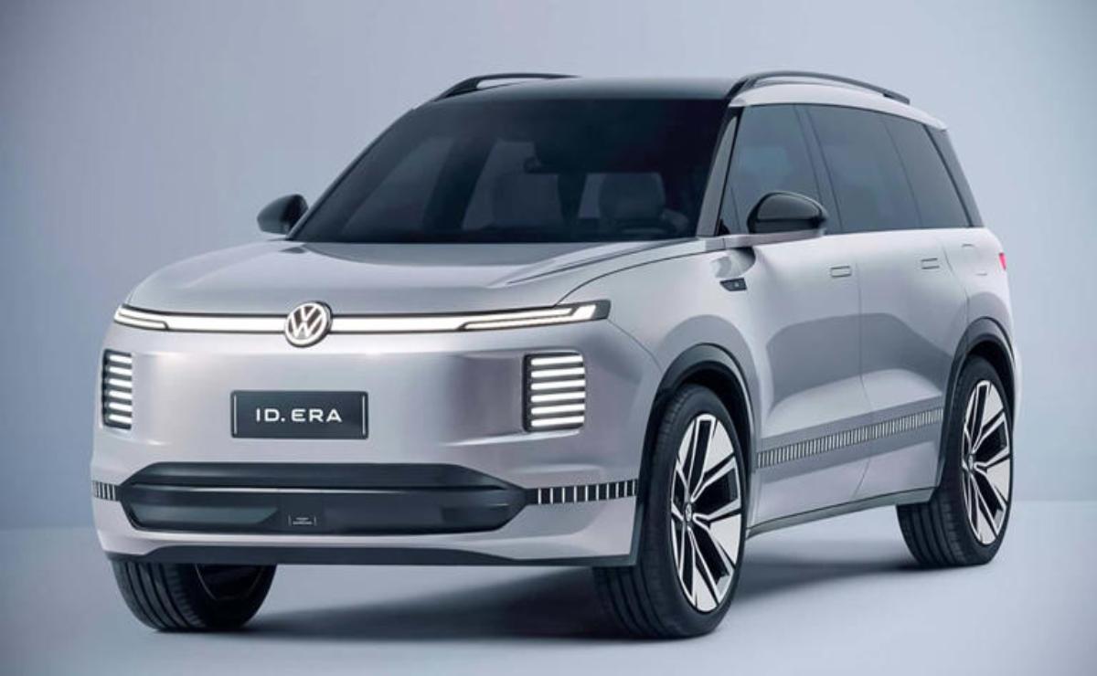 Sleek silver Volkswagen ID. ERA electric SUV shown in modern studio lighting.