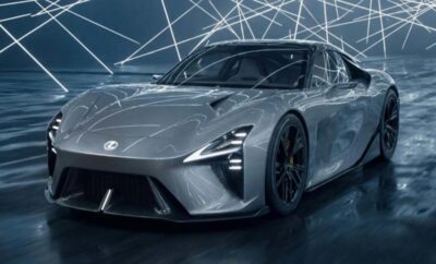 Sleek silver electric sports car in a futuristic showroom.