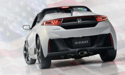Rear view of a sporty white Honda S660 convertible on a reflective surface.