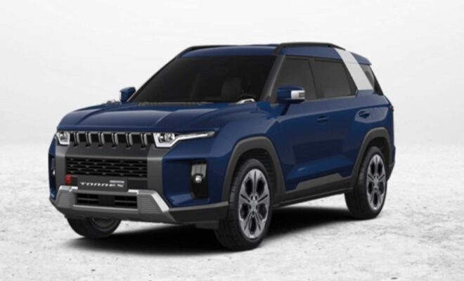 Sleek blue SUV with modern design and bold front grille.