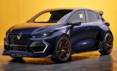 A sleek, dark blue sporty car with bronze rims against a yellow background.