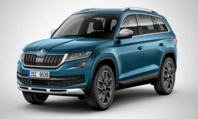 A blue Skoda SUV parked on a white background.