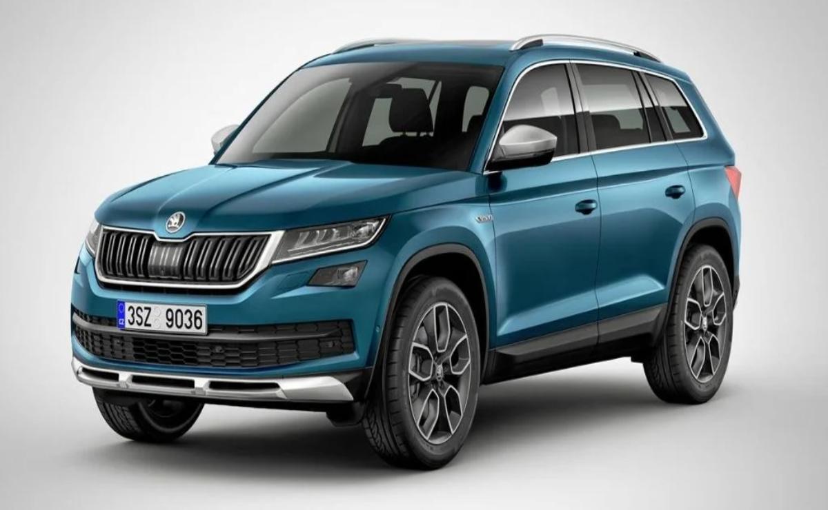 A blue Skoda SUV parked on a white background.
