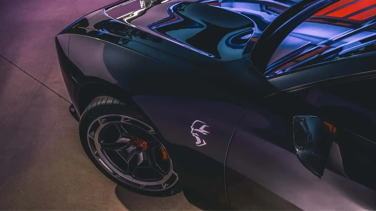 Close-up of a sleek black sports car with a distinctive logo on the side.