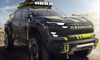 Futuristic black off-road vehicle with aggressive design and yellow accents.
