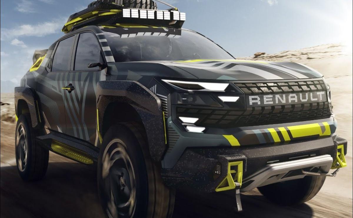Futuristic black off-road vehicle with aggressive design and yellow accents.