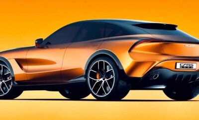 Sleek orange sports car with futuristic design and black roof.