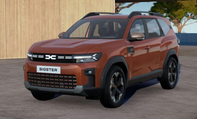 A red-orange SUV parked outside near a wooden wall.