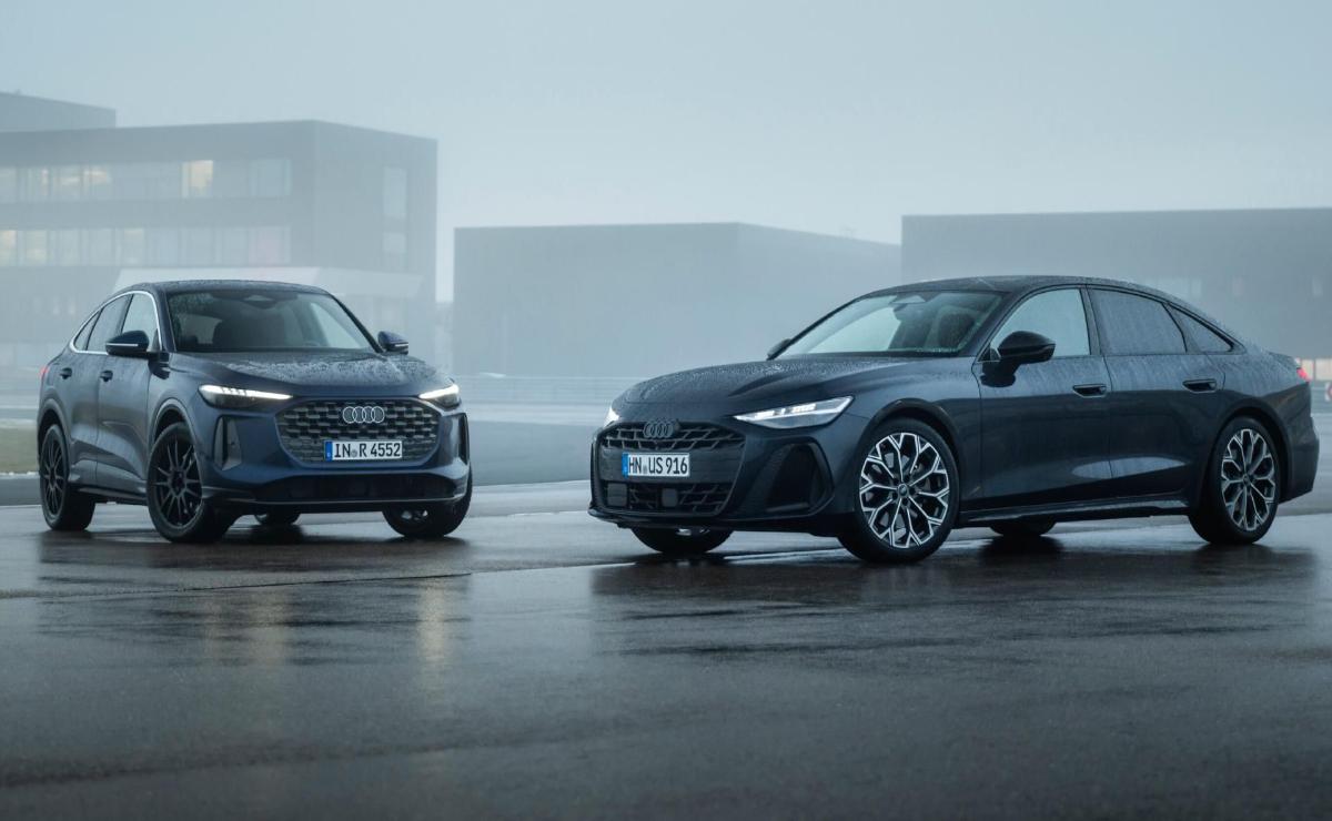 Two sleek black Audi electric cars parked side by side on a wet surface with a foggy background.