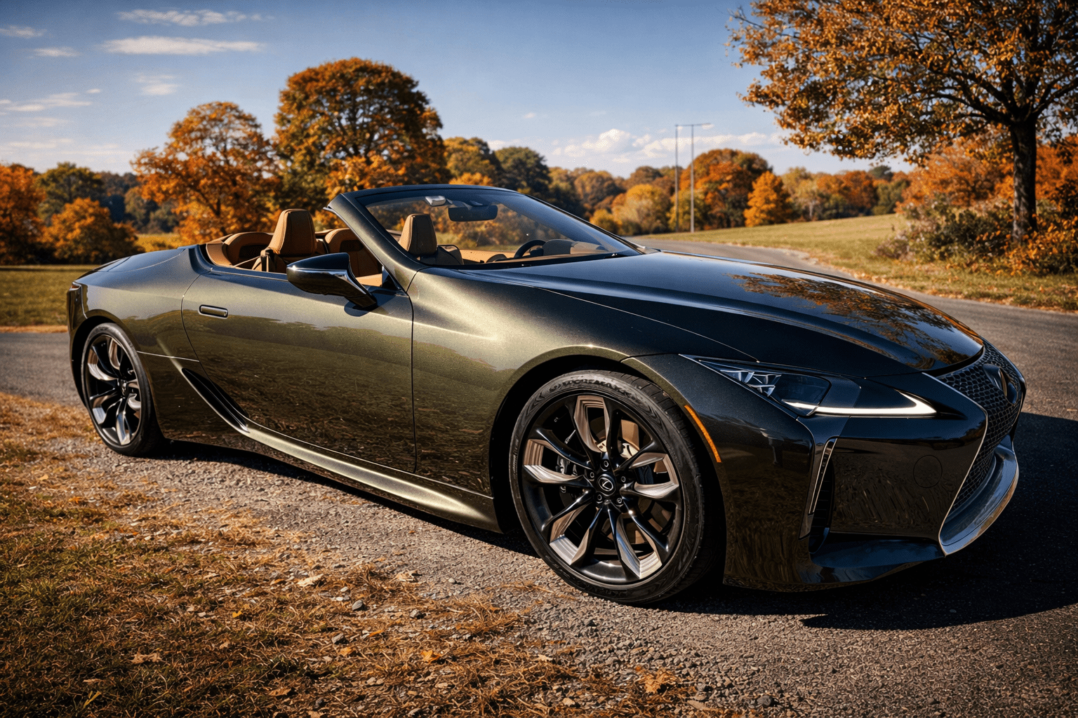 Luxury convertible sports car parked on a sunny autumn day.